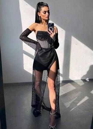 Вишуканий комплект спідниця максі + корсет з рукавами, вечірній комплект з юбкою, костюм зі спідницею з сіткою, вечірня сукня