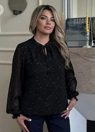 Блуза кофта нарядная с пышными рукавами полупрозрачная черная с серебристыми капельками большого размера blue chameleon