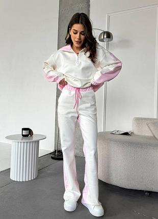 Жіночий костюм двійка біло-рожевий комбінований світшот і брюки замш з трикотажем двонитка 42-44 46-48
