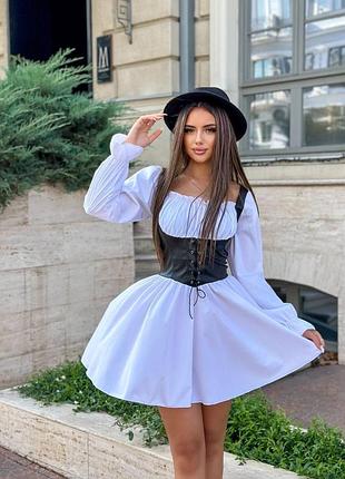 Стильное мини платье из коттона, а эко кожи