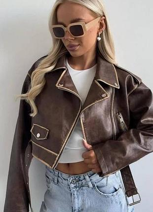 Куртка-косуха укороченная шоколад, коричневая с подкладкой