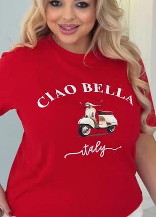 Футболка женская хлопковая, прямого кроя, с принтом рисунком - надписью, плюс сайз, батал, красная