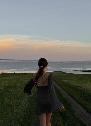 Міні сукня літня відкрита спинка завязка довгий рукав волани широкі рукави4 фото