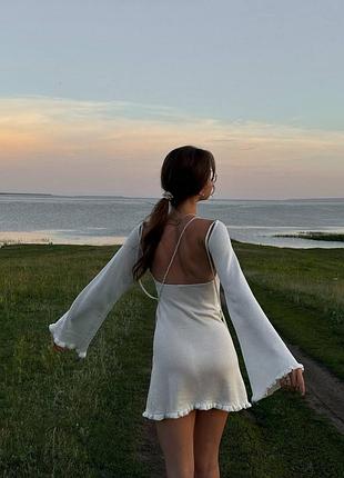 Міні сукня літня відкрита спинка завязка довгий рукав волани широкі рукави6 фото