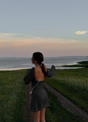 Міні сукня літня відкрита спинка завязка довгий рукав волани широкі рукави7 фото