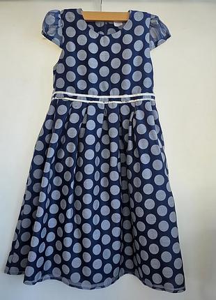 Нарядное праздничное длинное пышное платье девочке темно-синее горох пайетки без рукавов gmbh&co