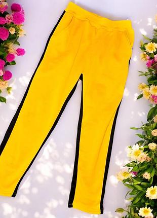Р. 46-48/m-l спортивные утеплённые штаны, унисекс жёлтые с чёрной полоской