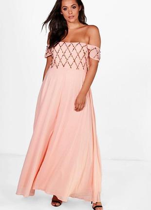 Роскошное вечернее шифоновое длинное платье открытые плечи boohoo