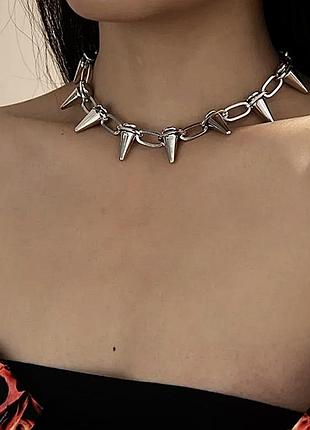 Чокер ланцюжок на шию "шипи" (браслет, 3 в 1) сріблястий, унісекс wuke4 фото