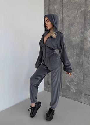 Женский комбинезон комбенизон комбез велюровый с имитацией корсета повседневный черный серый графитовый