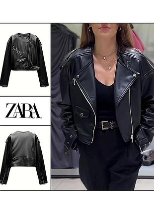 Трендовая укороченная куртка косуха s-м zara кожаная черная из экокожи демисезонная весенняя женская ветровка жакет бомбер женский черный