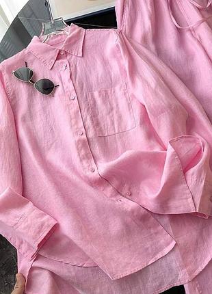 Костюм 2-ка двійка лляний з льону жатого літній оверсайз сорочка і + штани широкі брюки блакитний рожевий