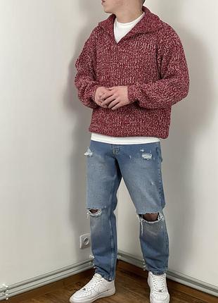 Красный меланж вязаный джемпер streetlife 1/4 zip, стритлайф, кофта, свитер, бордовый, белый, с воротником, на молнии