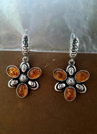 Дизайнерские серебряные 925 серьги с натуральным янтарем