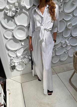 Костюм двойка из льна в клетку: оверсайз рубашка и прямые брюки палаццо, брючный комплект