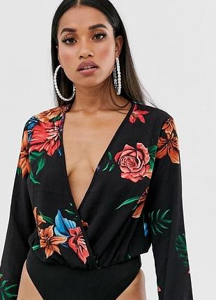 Боди с цветочным принтом с длинными рукавами от missguided