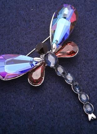 Брошь бабка в кристаллах, серебристый металл 52х58мм