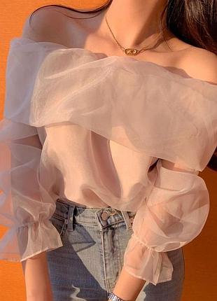Легкая прозрачная блуза, блуза с открытыми плечами, весенняя блузка, блузка сетка, бежевая блуза, объемная блуза