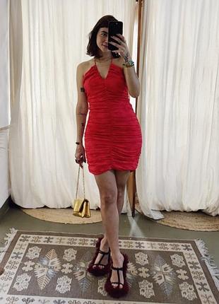 Красный мини-платье zara с цветочным принтом на завязках