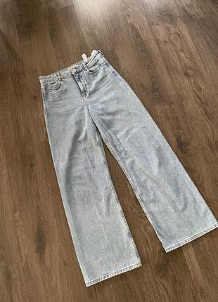 Широкие голубые высокие брюки джинсы zara прямые клеш на высокой посадке