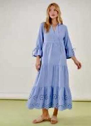 Фірмове ярусне стильне плаття прошва перфороване вишите волошкове блакитне ніжне