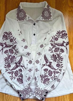 Молочная стильная нежная женская вышиванка лен молочная с вышитым воротником