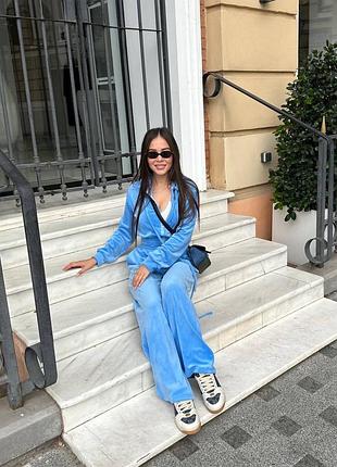 Жіночий велюровий костюм двійка зіп худі вкорочений з капюшоном та змійкою вільного крою оверсайз штани прямі висока талія