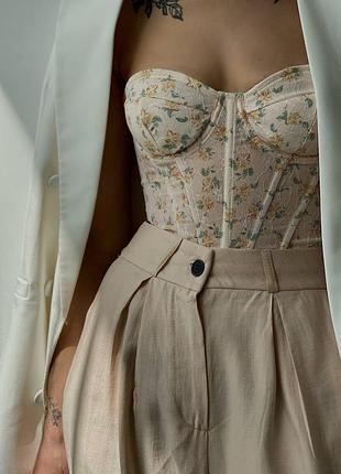 Женский топ корсет с цветочным принтом на шнуровке