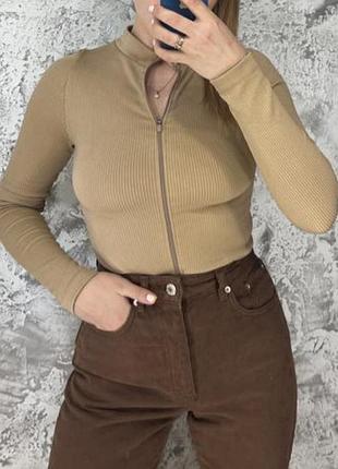 Лонгслив кофта на замочке в рубчик, цвет хаки