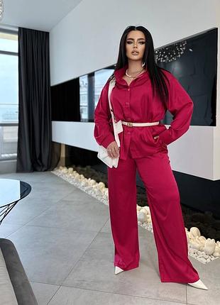 Женский костюм из шелка оверсайз рубашка и штаны батал плюс сайз талия на резинке брюки прямые свободного кроя рубашка на пуговицах