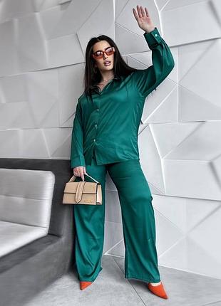 Женский костюм из шелка оверсайз рубашка и штаны батал плюс сайз талия на резинке брюки прямые свободного кроя рубашка на пуговицах