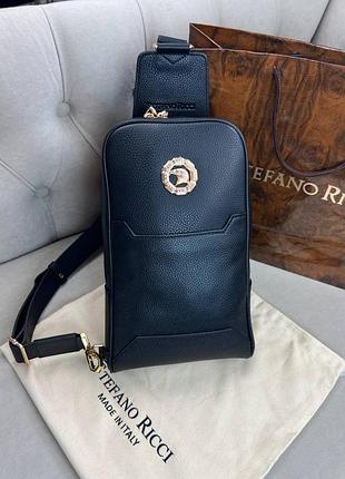Нагрудна сумка чорна stefano ricci black leather gold metal logo