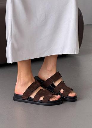 Женские трендовые слайдеры шлепанцы шлепки с липучкой из натуральной замши замшевые шлепанцы шлепки на липучке