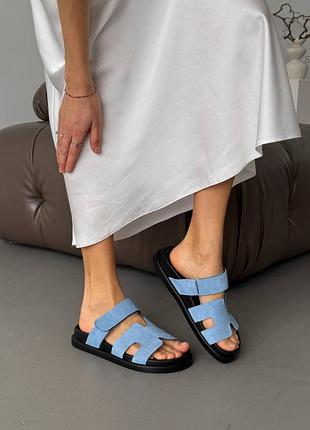 Женские трендовые слайдеры шлепанцы шлепки с липучкой из натуральной замши замшевые шлепанцы шлепки на липучке