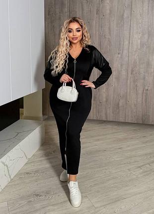 Женское платье с добавлением экокожи на молнии | 116