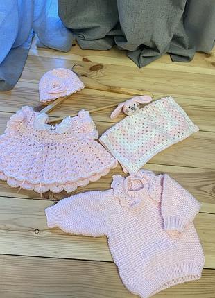 Набір комплект в’язаний для новонародженої дівчинки  на фотосесію 0-3 місяці + подарунок