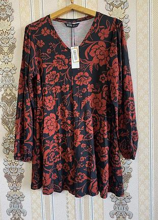 Стильное легкое вискозное платье блуза, блузка туника, черное с коралловым платье