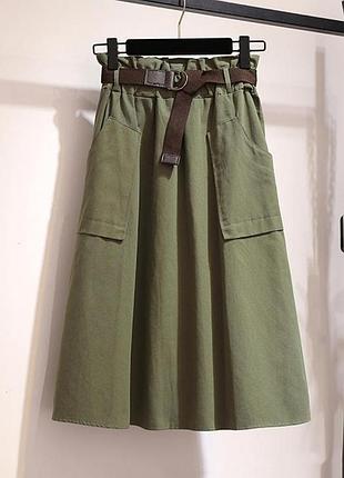 Молодёжная стильная женская модная коттоновая юбка миди c карманами хаки р.42/48