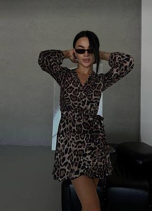Трендова леопардова сукня на запах,шифон стрейч принт люкс качество в размере 42-46