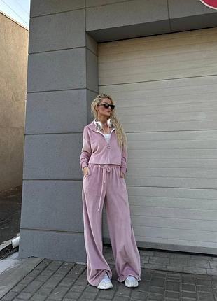 Улюблений плюшевий жіночий костюм якісний комплект зіп кофта бомбер і широкі штани оверсайз велюровий