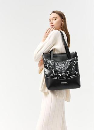 Сумка sambag shoper nova черная с принтом "bloom"