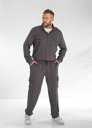Чоловічий лляний костюм штани брюки прямі сорочка кофта на гудзиках комір стійка нагрудні кишені великі розміри сірий