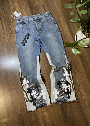 Джинсы chrome hearts x gallery dept jeans брюки хроб коллаборация синего цвета с крестами