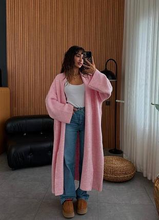 Женский теплый кардиган длинный оверсайз однотонный из ангоры свободного кроя широкие длинные рукава