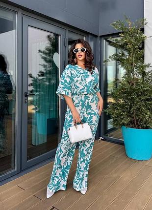 Жіночий комбінезон двійка батал вільного крою пояс на резинці на спинці ґудзик плюс сайз