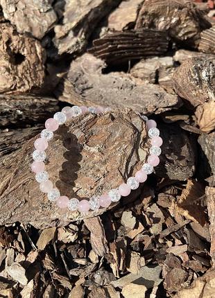 Браслет з натурального каміння рожевий кварц і цукровий кварц гірський кришталь