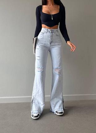 Женские рваные джинсы wide leg свет голубые, базовые, классические, прямые брюки трубы, клэш, расширенные, широкие, высокая посадка, туречевина, коттон