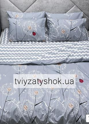 Комплект, набір постільної білизни з квітами "кульбабки", сірий, 100% бавовни