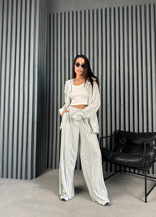 Женский спортивный прогулочный oversize оверсайз костюм удлиненное худи на молнии с капюшоном брюки палаццо широкие швы наружу майка в рубчик