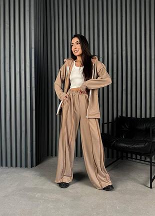 Женский спортивный прогулочный oversize оверсайз onesize костюм удлиненное худи на молнии с капюшоном штаны палаццо широкие швы наружу майка в рубчик